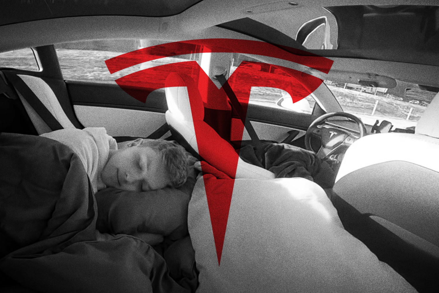 A TikTok and YouTube creator sleeps in the back of a Tesla vehicle while it's driving on Autopilot