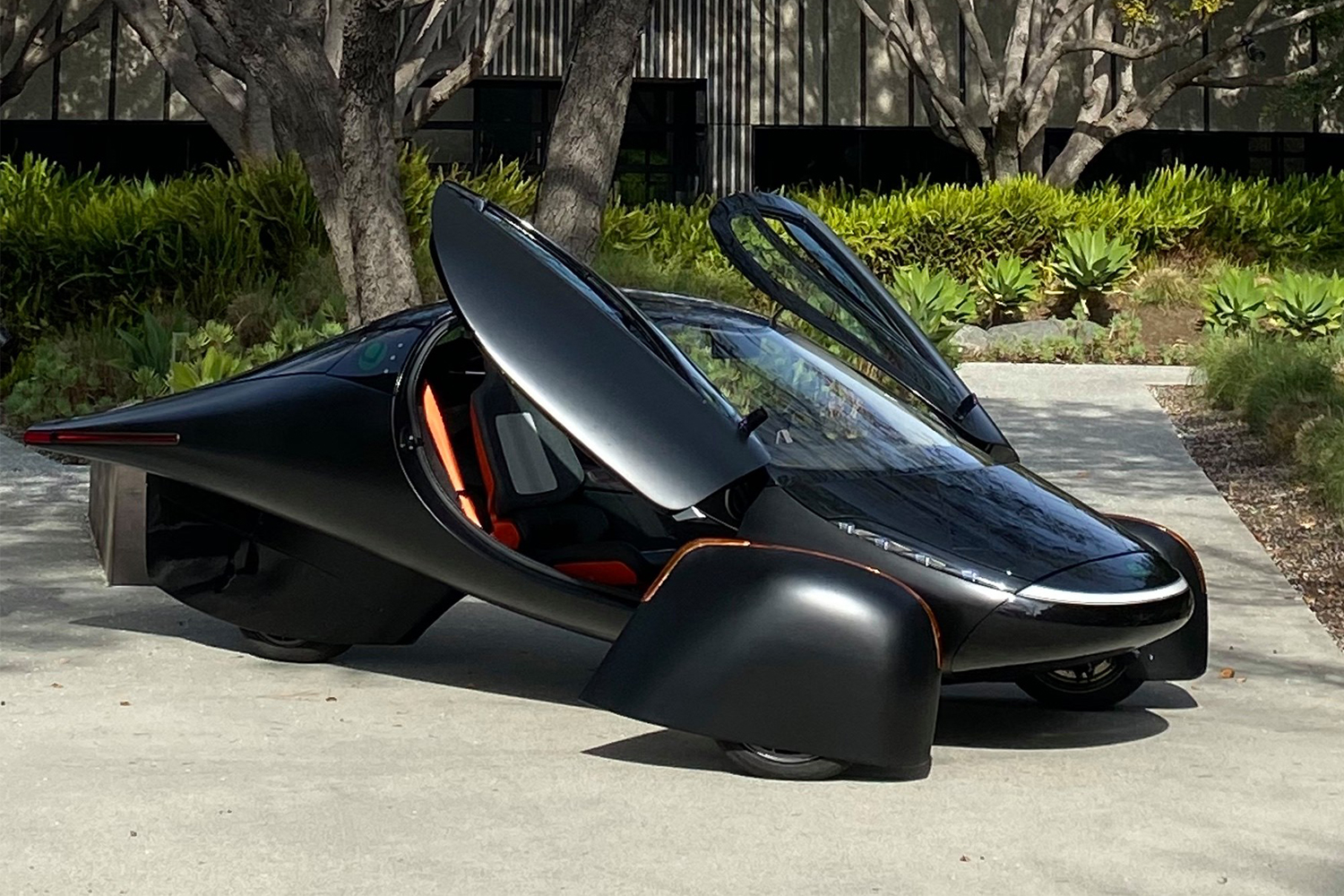 The three-wheeled Aptera solar powered electric vehicle