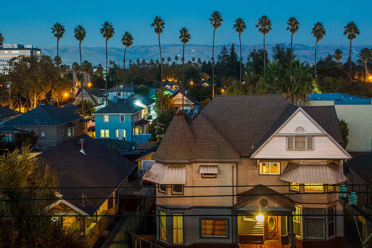 Houses and Palm Trees near San Jose California downtown district; San Jose is considered the most competitive housing market