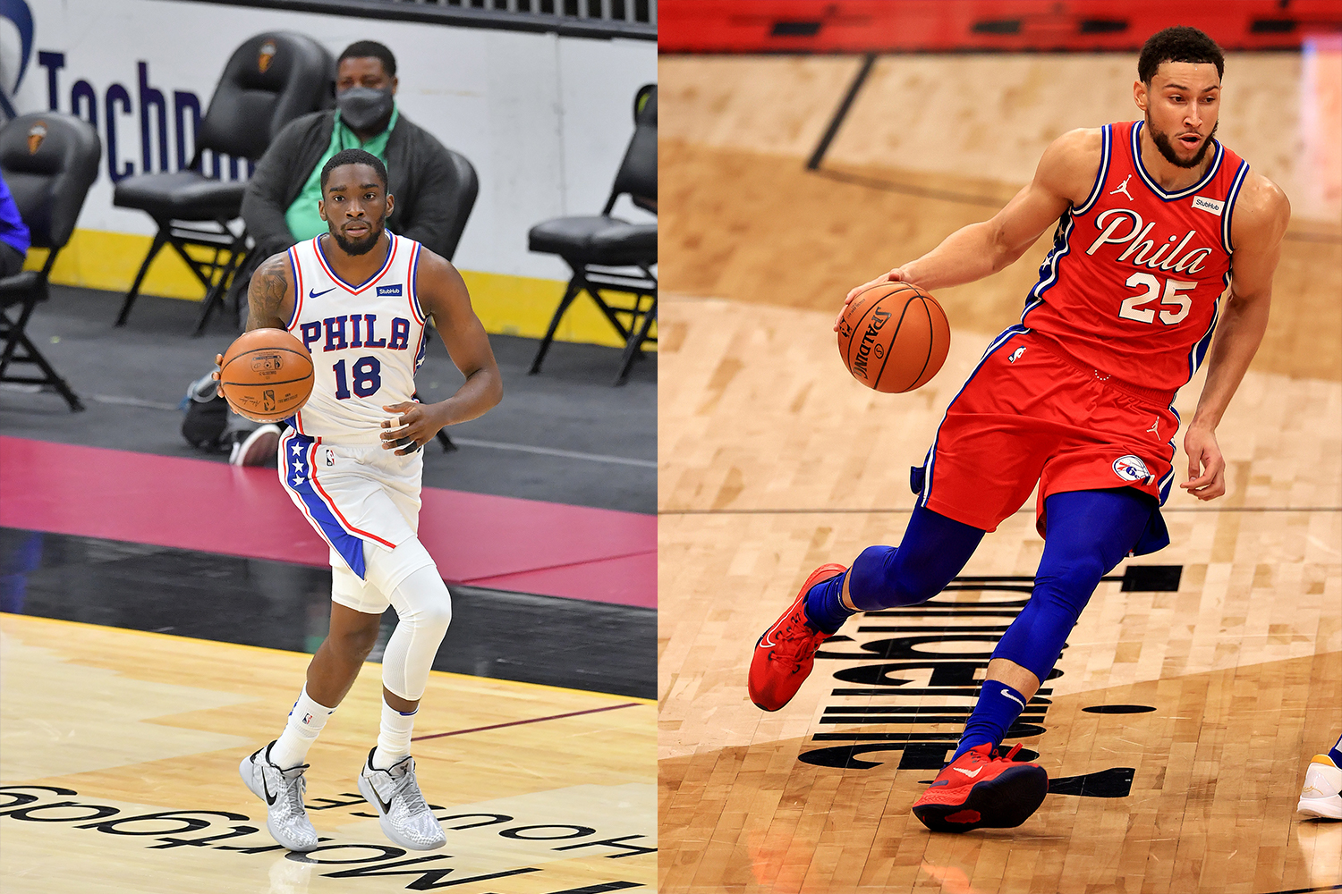 Shake Milton #18 of the Philadelphia 76ers brings the ball up court during the third quarter against the Cleveland Cavaliers (left) and Ben Simmons #25 of the Philadelphia 76ers brings the ball up the floor during a game against the Toronto Raptors (right)