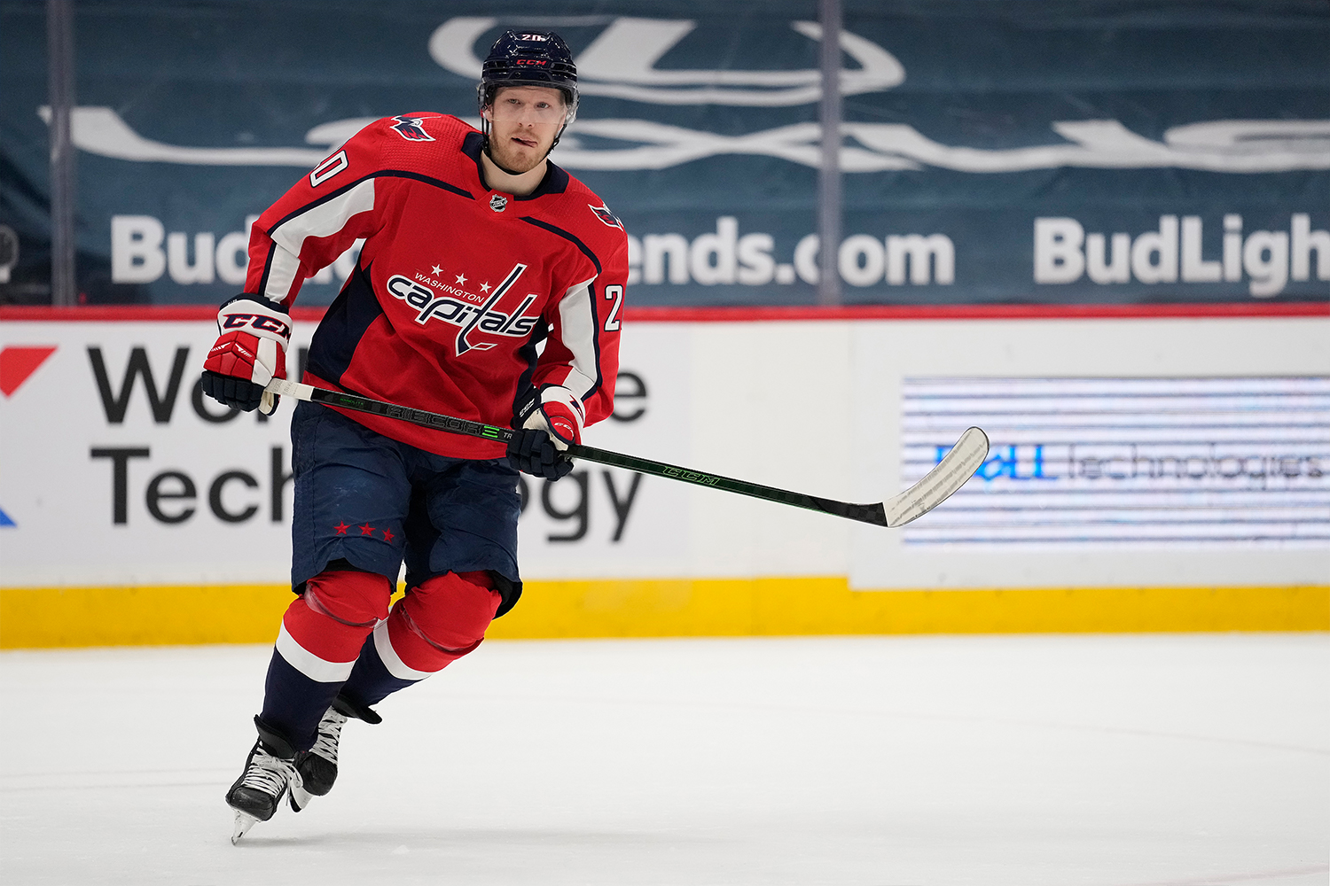 Lars Eller #20 of the Washington Capitals skates against the Philadelphia Flyers in the second period at Capital One Arena on April 13, 2021