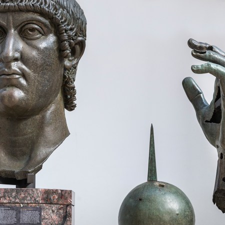 A bronze statue of Constantine the Great with his finger returned at the Capitoline Museums