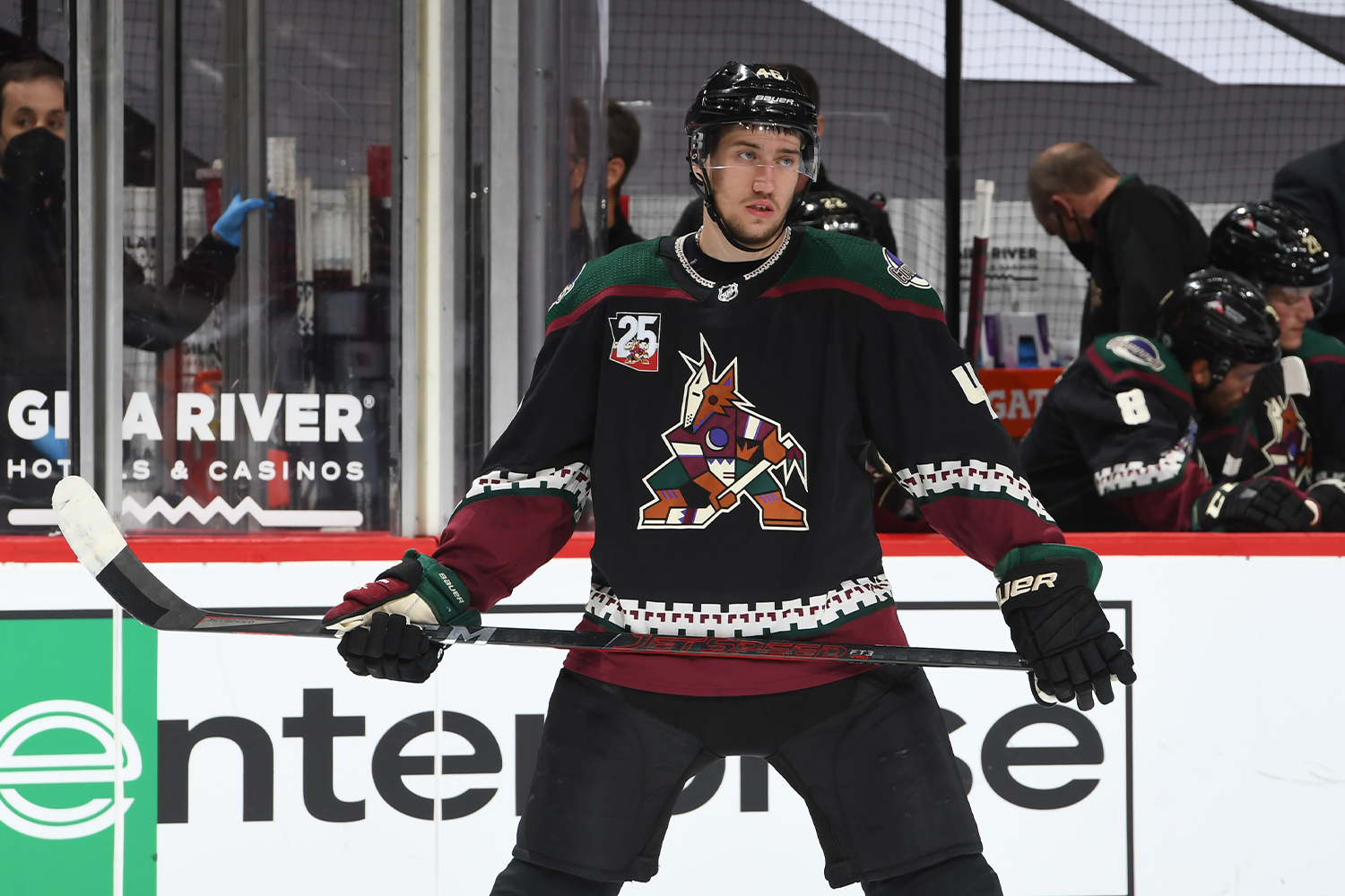 Ilya Lyubushkin #46 of the Arizona Coyotes gets ready during a face off against the Vegas Golden Knights at Gila River Arena on April 30, 2021