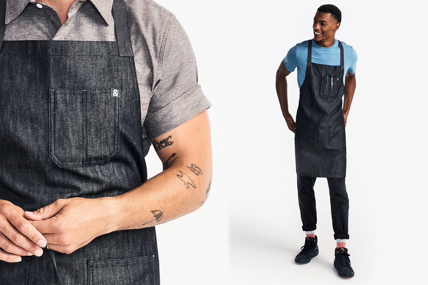 A closeup and full body shot of men in Hedley & Bennett denim aprons