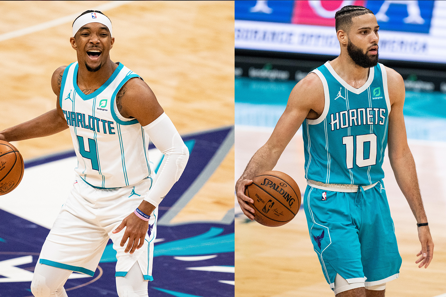 Devonte' Graham #4 of the Charlotte Hornets brings the ball up court against the Sacramento Kings (left) and Caleb Martin #10 of the Charlotte Hornets brings the ball up court against the Los Angeles Lakers (right)