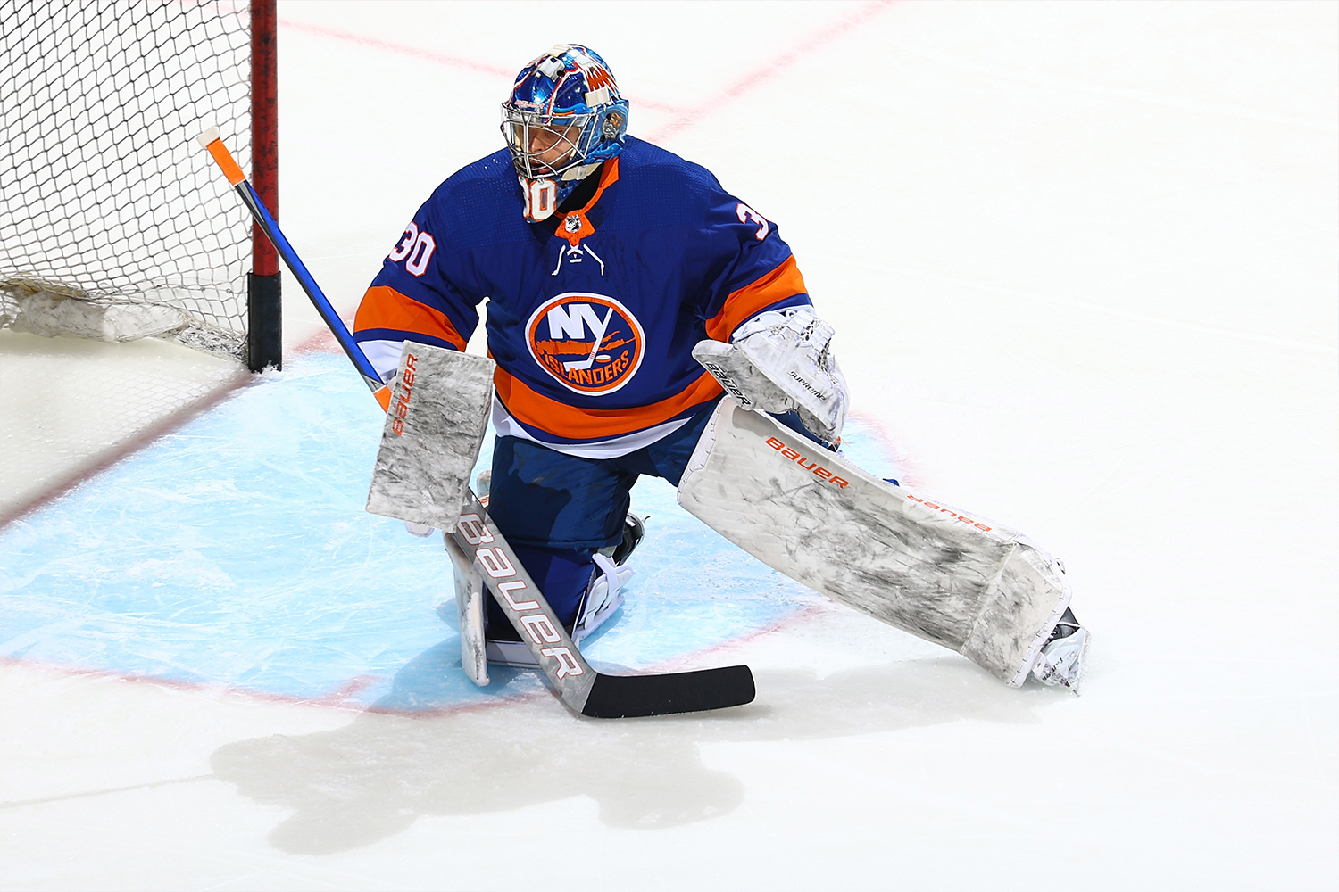 Ilya Sorokin #30 of the New York Islanders skates during warm-ups prior to the game against the Pittsburgh Penguins at Nassau Coliseum on February 28, 2021 