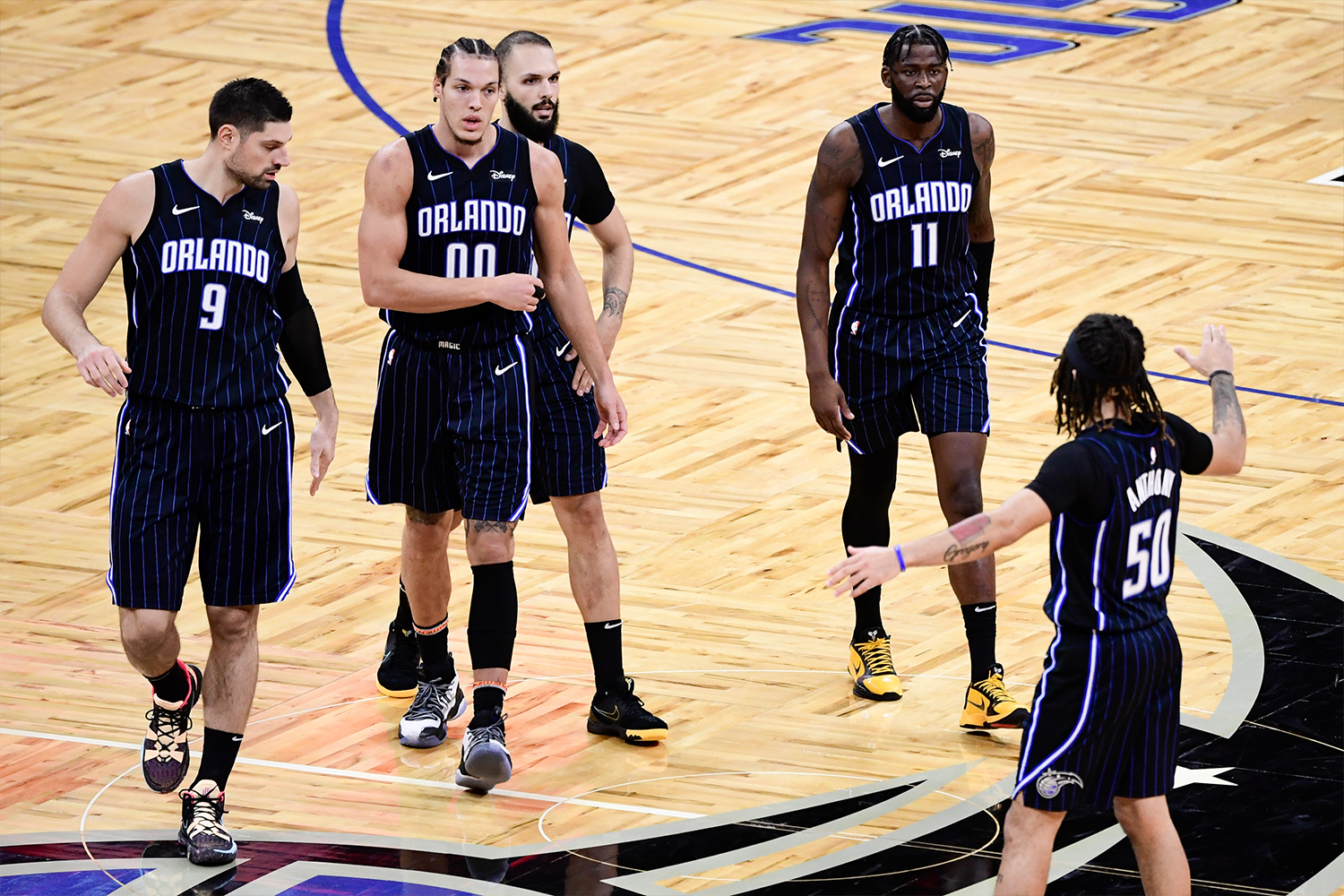 Cole Anthony #50 of the Orlando Magic reacts with teammates during the third quarter against the LA Clippers