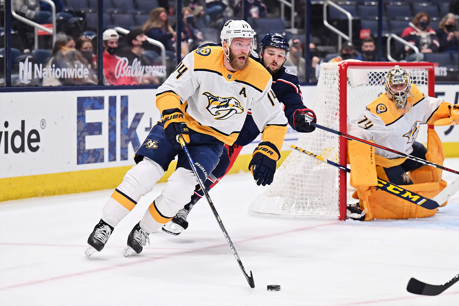 Mattias Ekholm #14 of the Nashville Predators skates against the Columbus Blue Jackets at Nationwide Arena on May 3, 2021