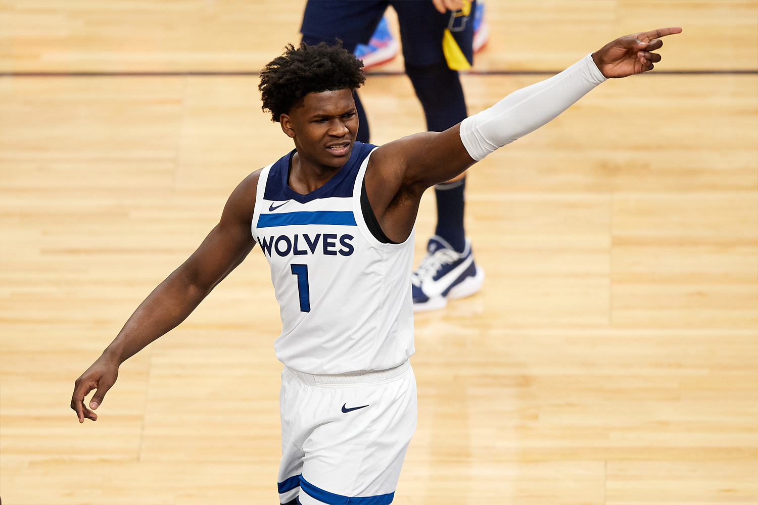 Anthony Edwards #1 of the Minnesota Timberwolves reacts to a call during the first quarter of the game against the Indiana Pacers