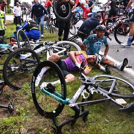 The aftermath of a huge Stage 1 crash at the Tour de France. The fan who caused the accident hasn't been found.