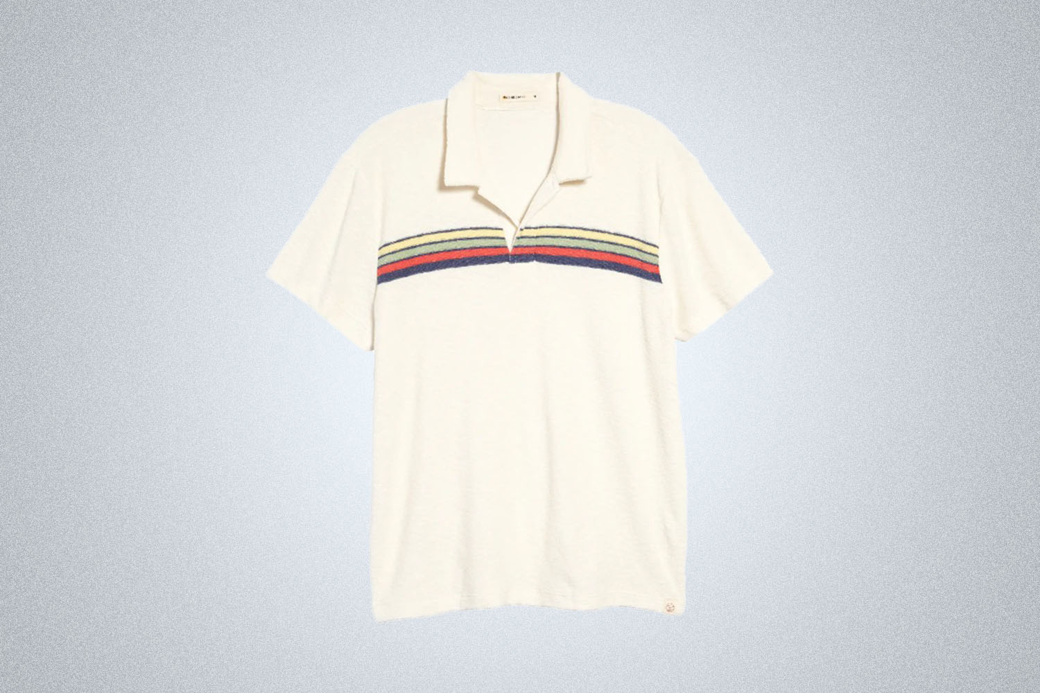 a white striped terry polo from Marine Layer on a grey background