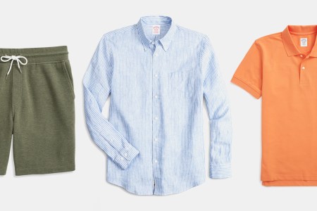 Green drawstring shorts, a blue linen button-down shirt and an orange polo from Brooks Brothers, which is throwing a sitewide sale on menswear