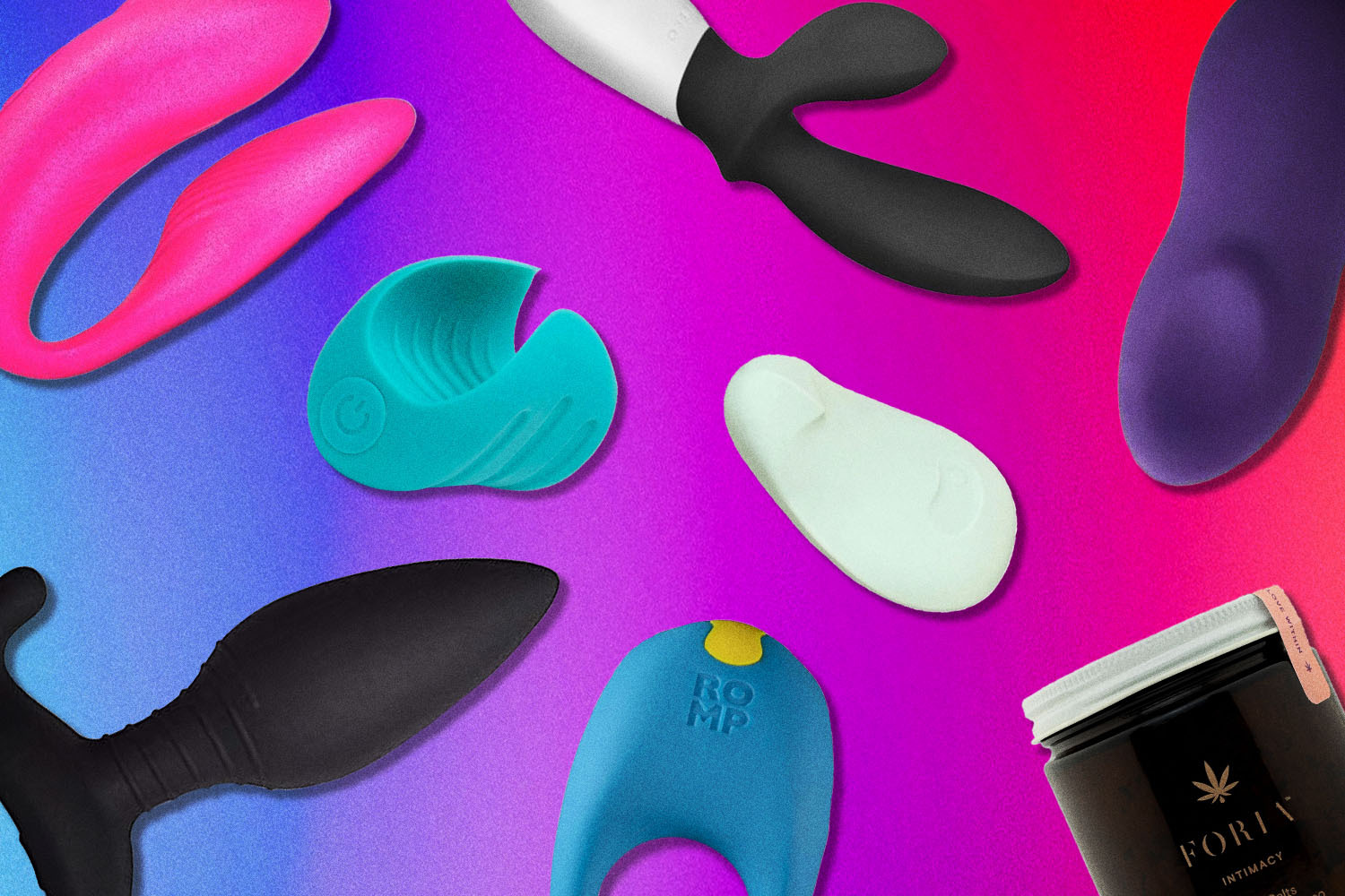 Various waterproof sex toys and vibrators on a purple background