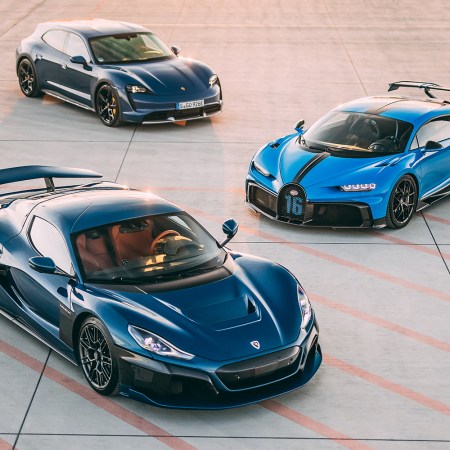 Three cars, one from Porsche, Bugatti and Rimac, all parked next to each other. The three automakers formed a new joint venture, Bugatti Rimac.