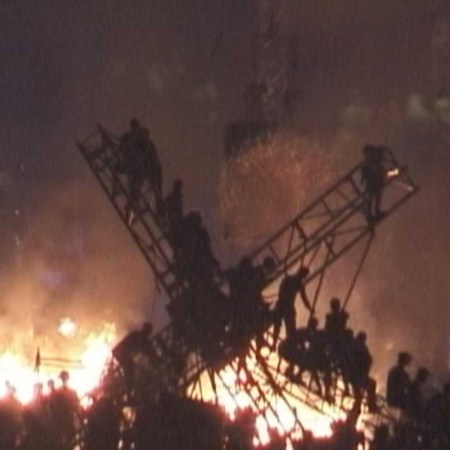 An image of burning stage or lighting rig from Woodstock 99, as shown on a new HBO documentary