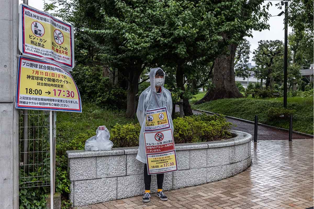 A man wears signs informing people that they cannot drink alcohol in the Olympic Stadium, on July 8, 2021 in Tokyo, Japan. Japans Prime Minister, Yoshihide Suga, has announced a fourth state of emergency for Tokyo which will run throughout the Olympic Games and remain in place until August 22nd. The countrys capital has seen an increase in coronavirus cases with 920 infections registered yesterday, up from 714 last week and the highest figure since May 13th.