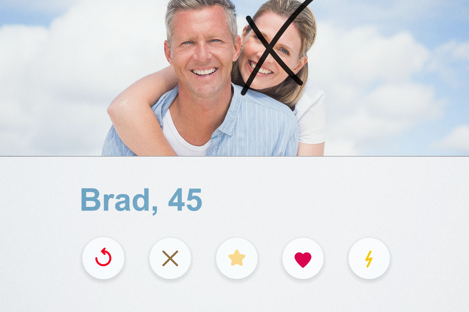 A mock dating app profile shows a photo of a man and woman, with an X drawn over the woman's face