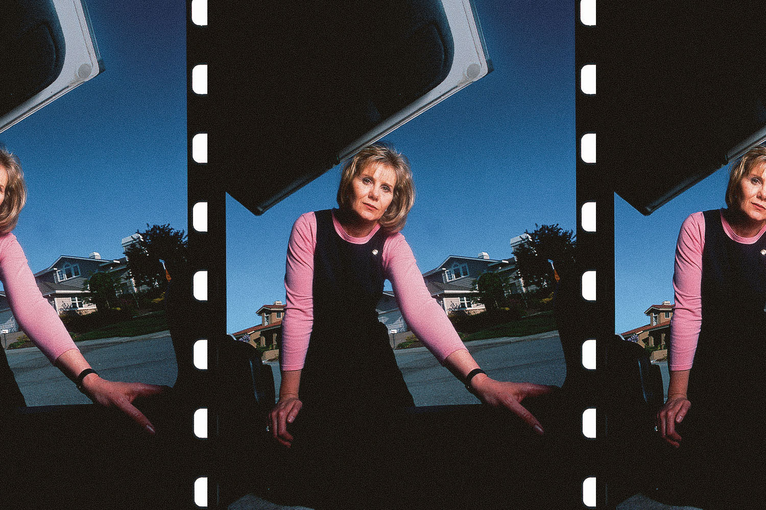 Janette Fennell, founder of Trunk Releases Urgently Needed Coalition (TRUNC), standing outside of an opened car trunk. Her kidnapping led to the creation of the emergency trunk release.