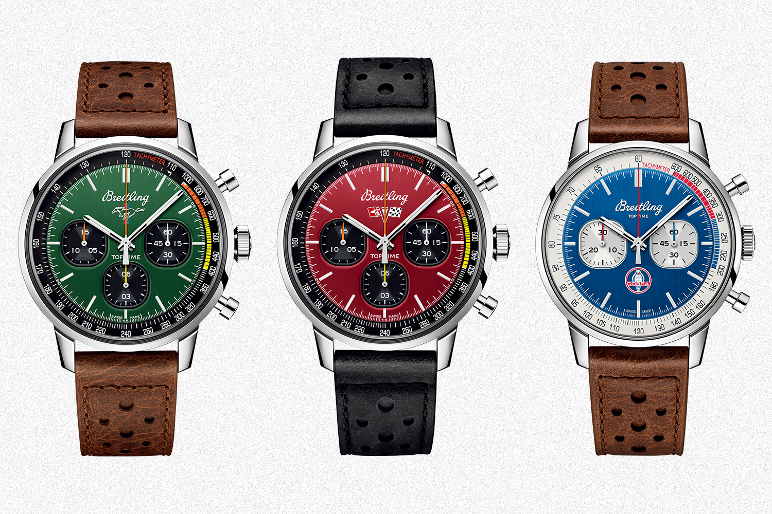 The three watches from Breitling's Top Time Classic Cars Capsule Collection, including a green Ford Mustang, red Chevrolet Corvette Sting Ray and blue Shelby Cobra timepiece