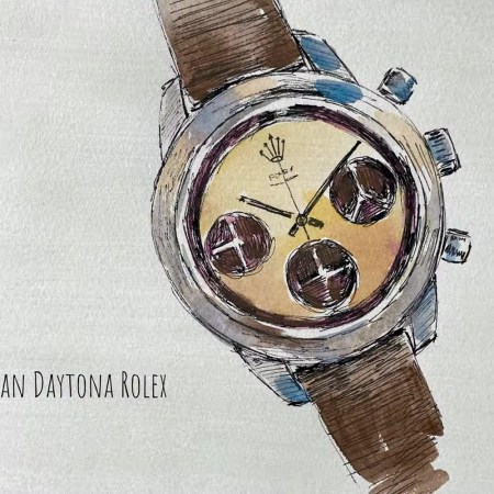 An image of an illustrated Rolex Daytona watch from Brett Dennen's lyric video for the song "Paul Newman Daytona Rolex" from the album "See the World"