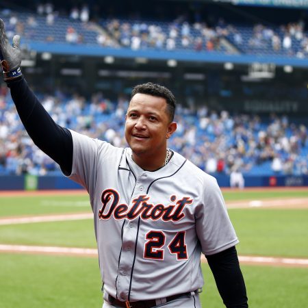 Miguel Cabrera celebrates after hitting his 500th home run