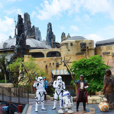 Star Wars characters R2-D2, Hondo Ohnaka, BB-2 and Chewbacca perform during the Star Wars: Galaxy's Edge Dedication Ceremony at Disney’s Hollywood Studios on August 28, 2019 in Orlando, Florida. A newer Star Wars immersive adventure is starting up in 2022.