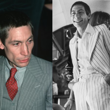 two photos of charlie watts in double-breasted suits