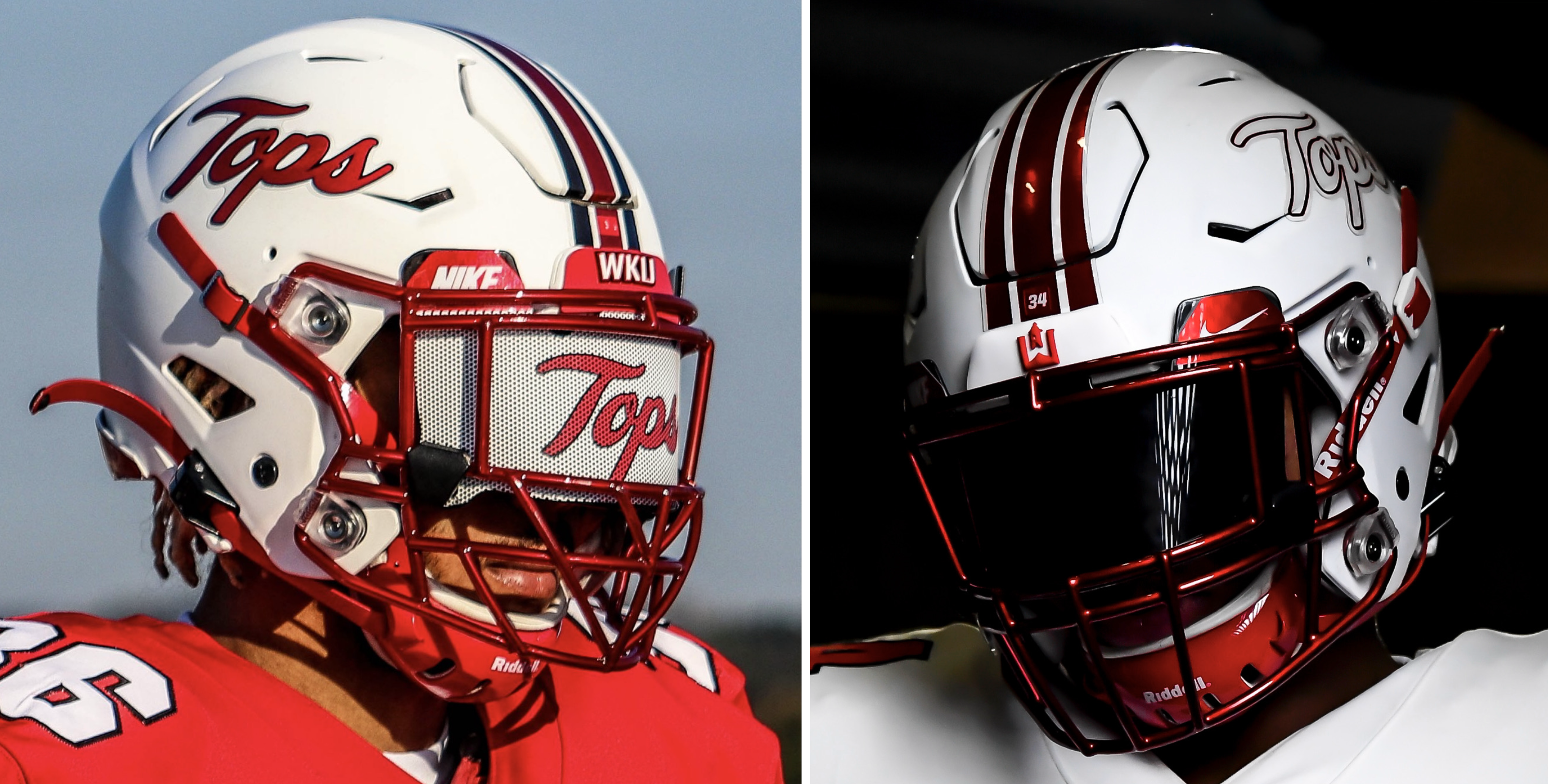 two photos of the university of western kentucky's new football helmet for 2021