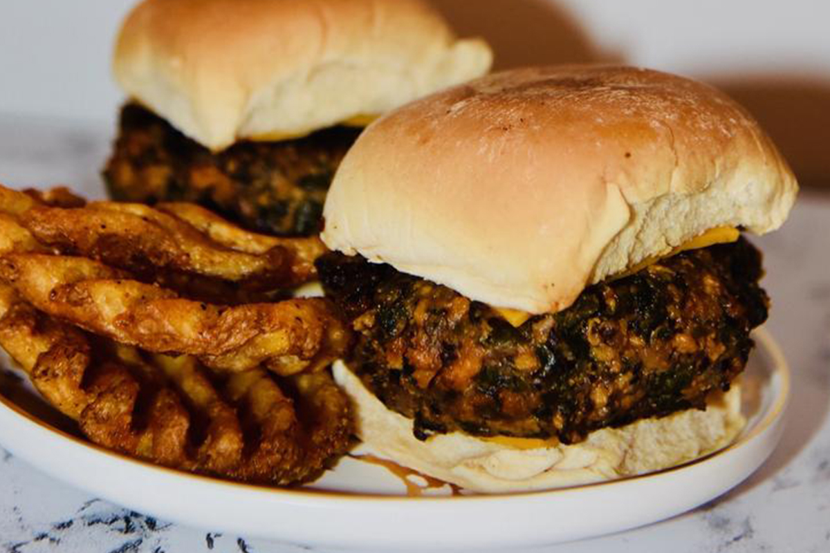 A kelp-based burger on a plate.