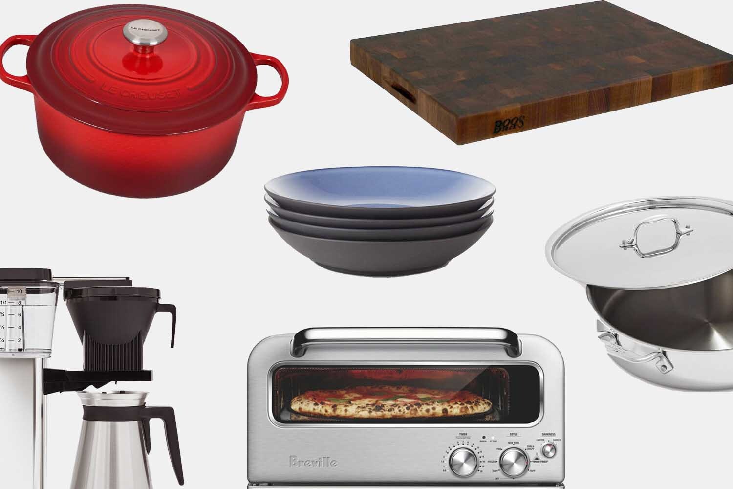 A dutch oven, cutting board, coffee maker and more