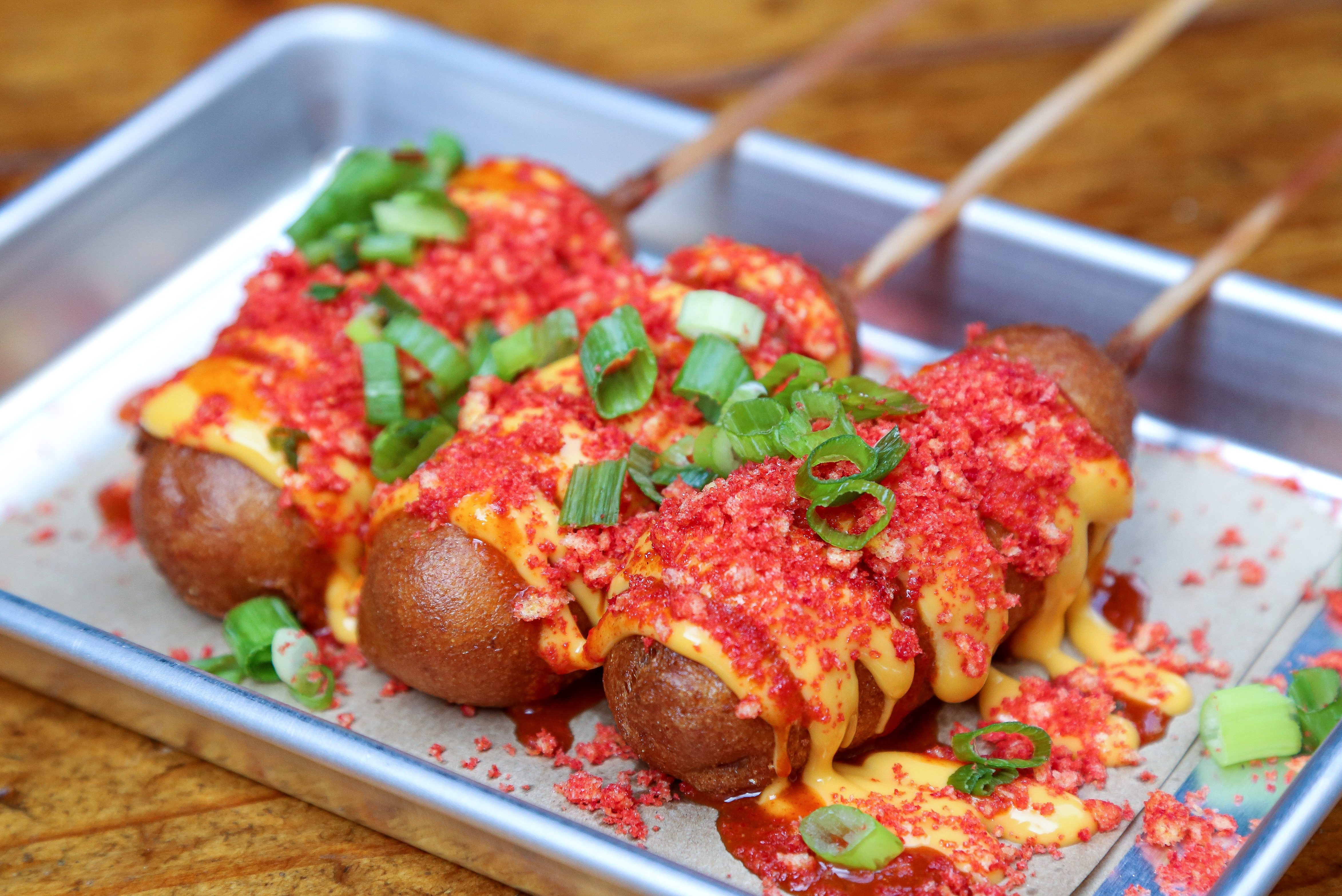 Flaming Hot Cheeto corn dogs at The Deck at Moonshine Flats