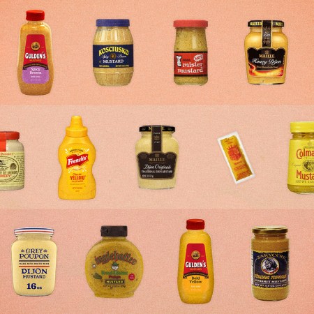 A composed shot of 19 different mustard, from yellow to spicy brown to hot English