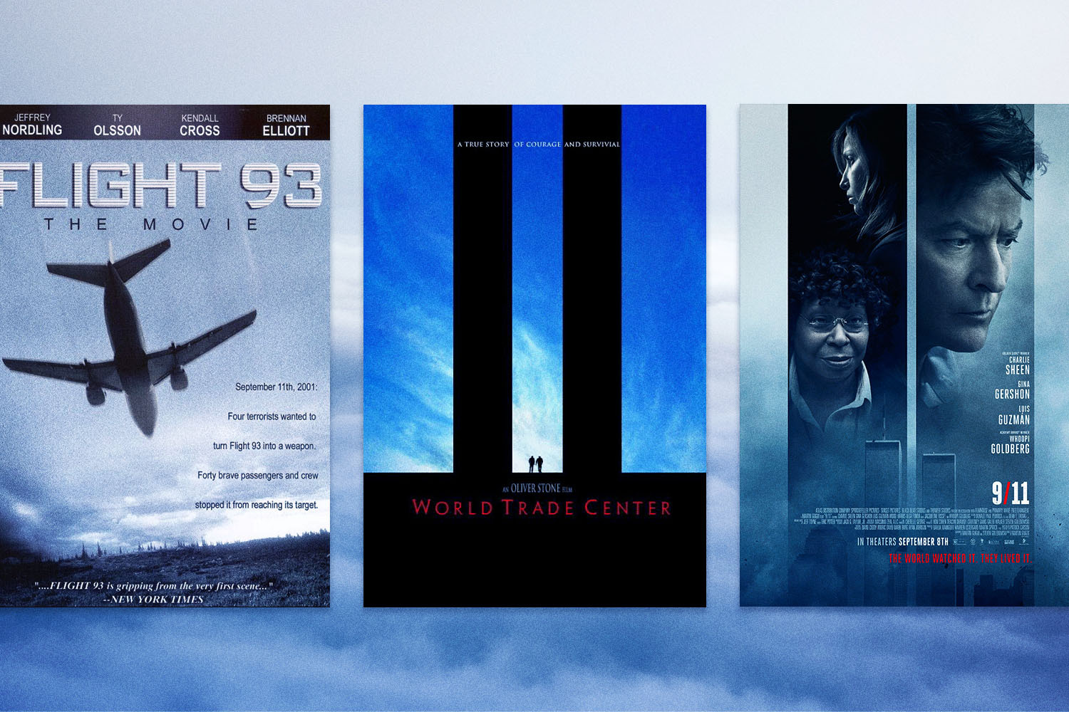 Promotional posters for "Flight 93," "World Trade Center" and "9/11" films