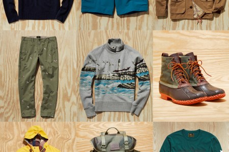 A grid of embroidered pants, sweaters, waxed canvas Bean boots and other menswear pieces from Todd Snyder and L.L.Bean's second collab collection Upta Camp