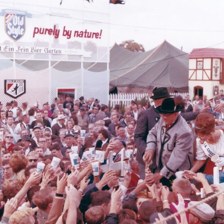 Festival goers gather in a large crowd at Oktoberfest USA in La Crosse, Wisconsin.