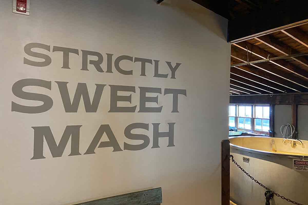 A sweet mash sign inside the Peerless distillery