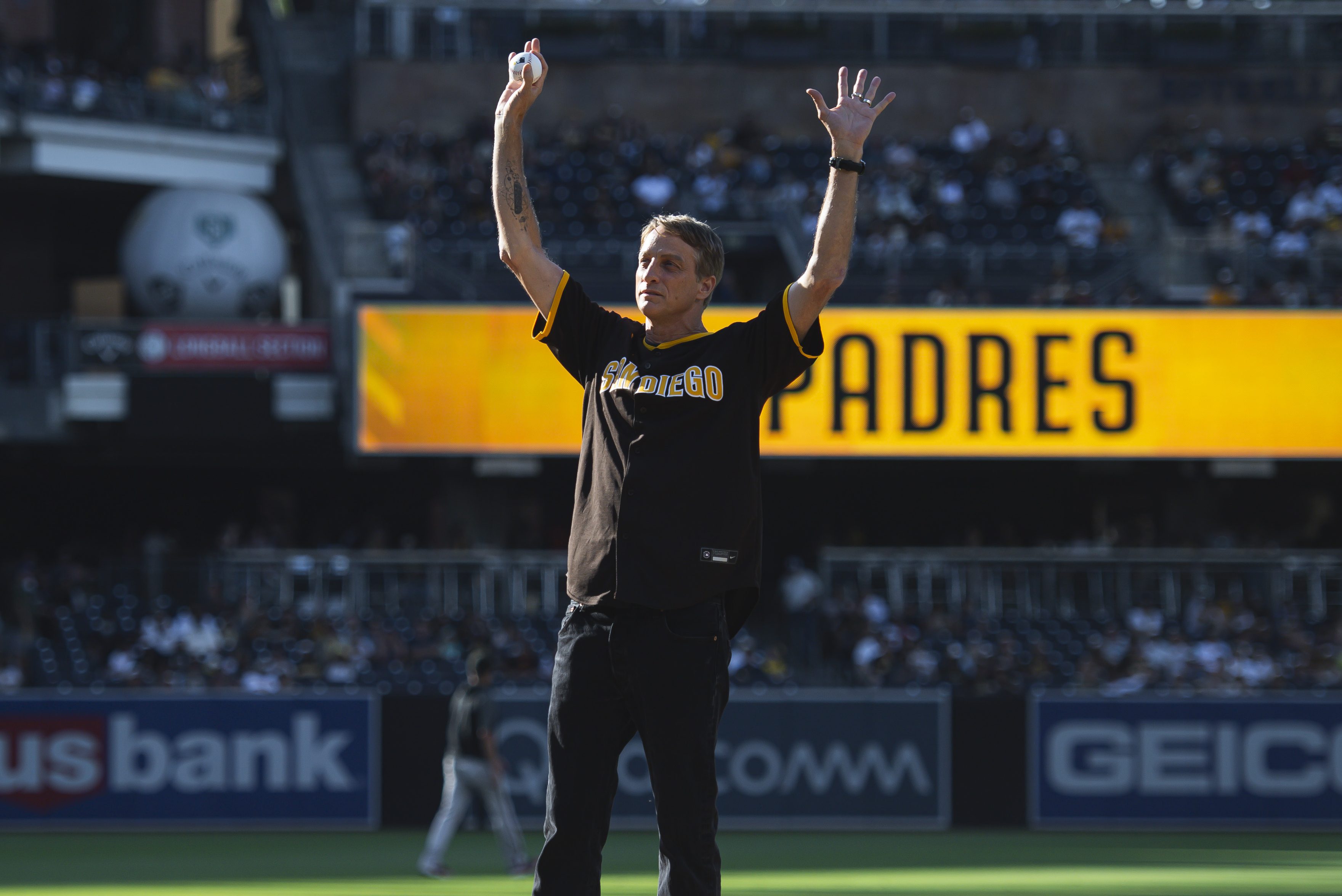 Skateboarding legend Tony Hawk on the mound for the ceremonial first pitch at a San Diego Padres game