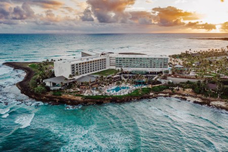 an overhead view of the newly remodeled turtle bay resort on the north shore of oahu in hawaii