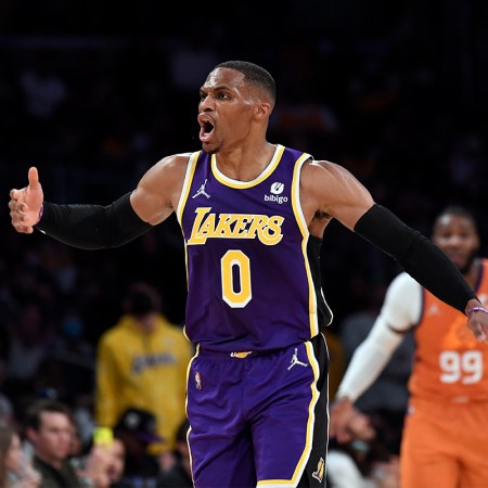 Russell Westbrook screaming during a basketball game.