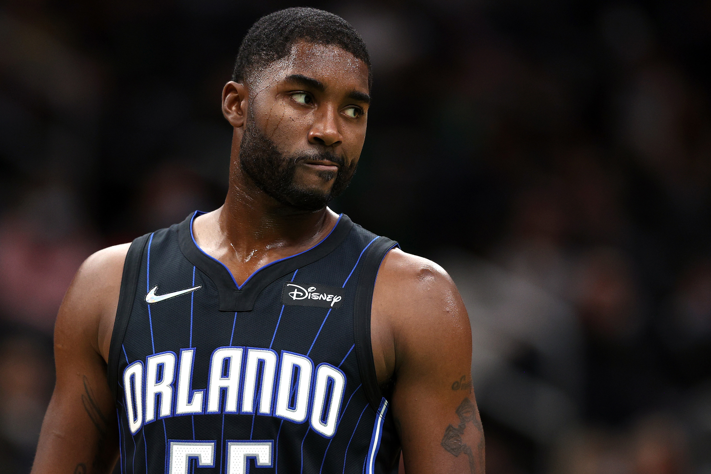 E'Twaun Moore #55 of the Orlando Magic looks on during the second half of the preseason against the Boston Celtics game at TD Garden on October 04, 2021 in Boston, Massachusetts.