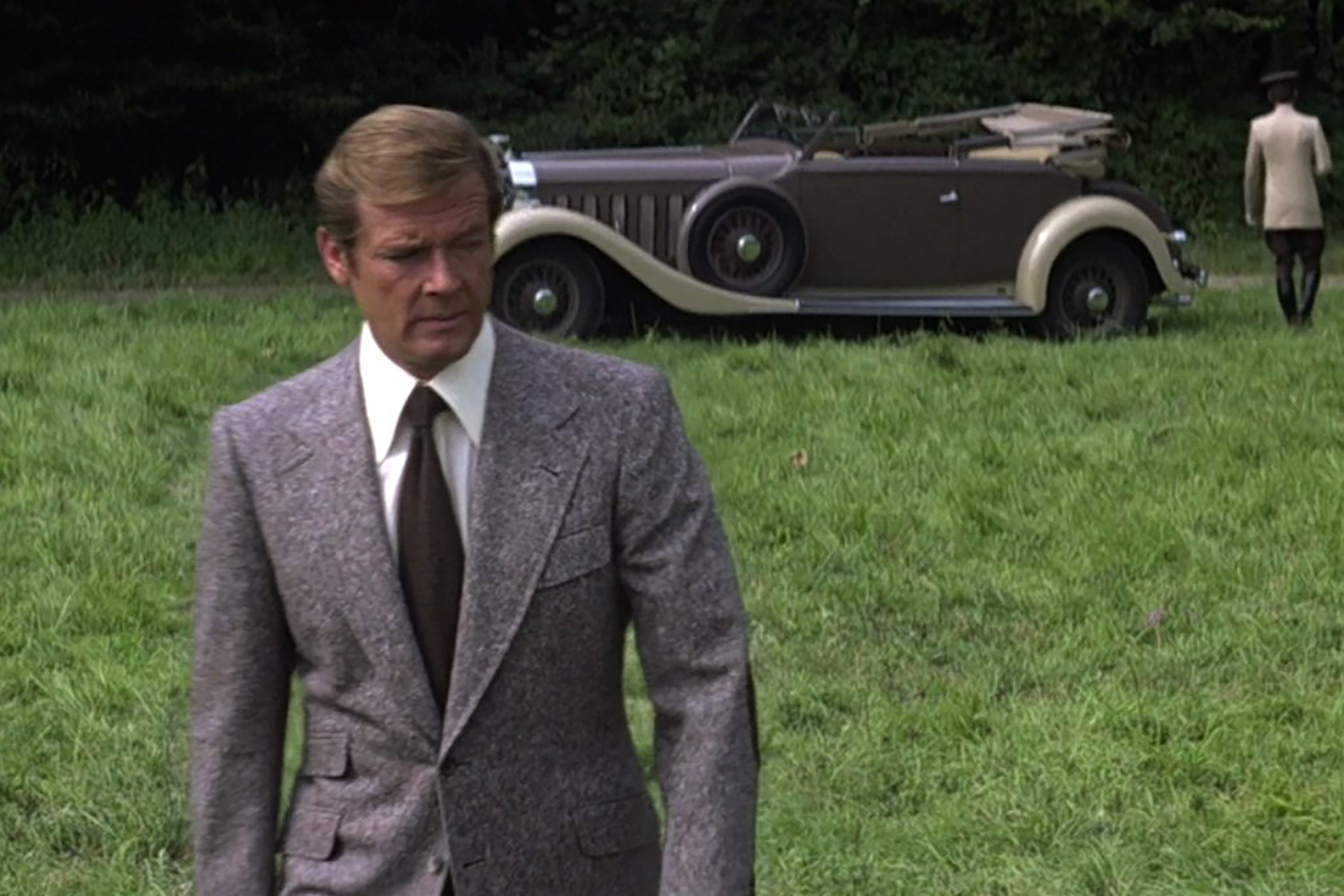 Moore dons a tweed suit in Moonraker.