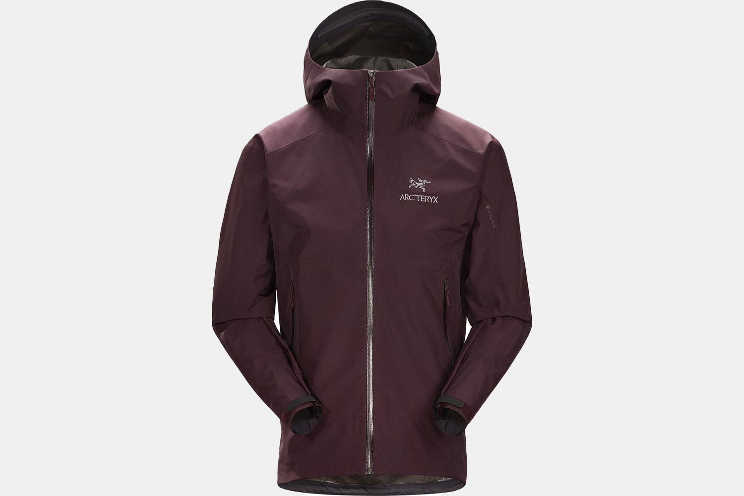 a Burgundy rain jacket