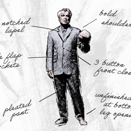 David Byrne wears a big suit.