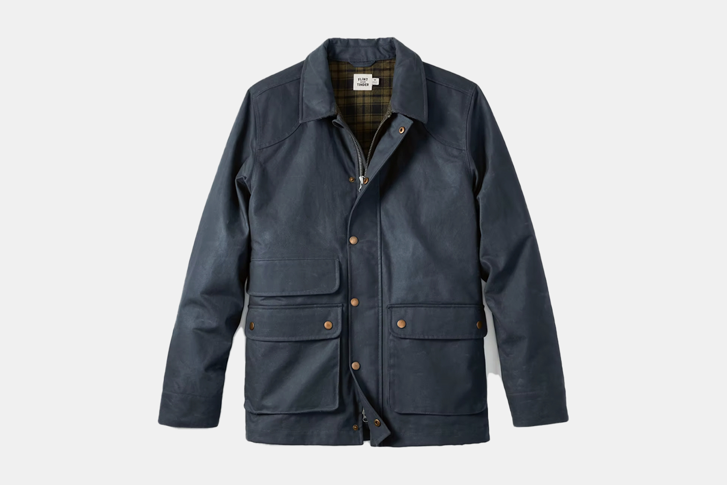 a navy waxed jacket.