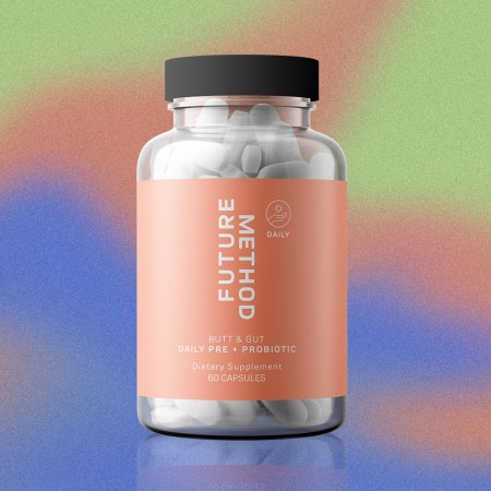 A bottle of Future Method's Butt & Gut Pre + Probiotic on a colorful background