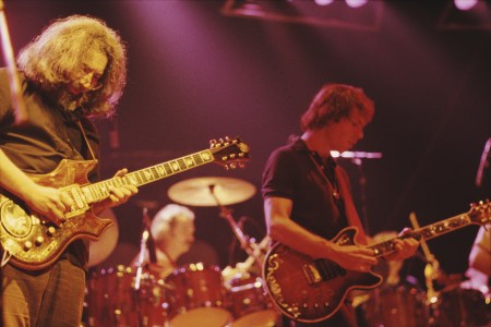 Jerry Garcia (left) and Bob Weir of American rock band The Grateful Dead performing at the Wembley Empire Pool in London on 7th April 1972.