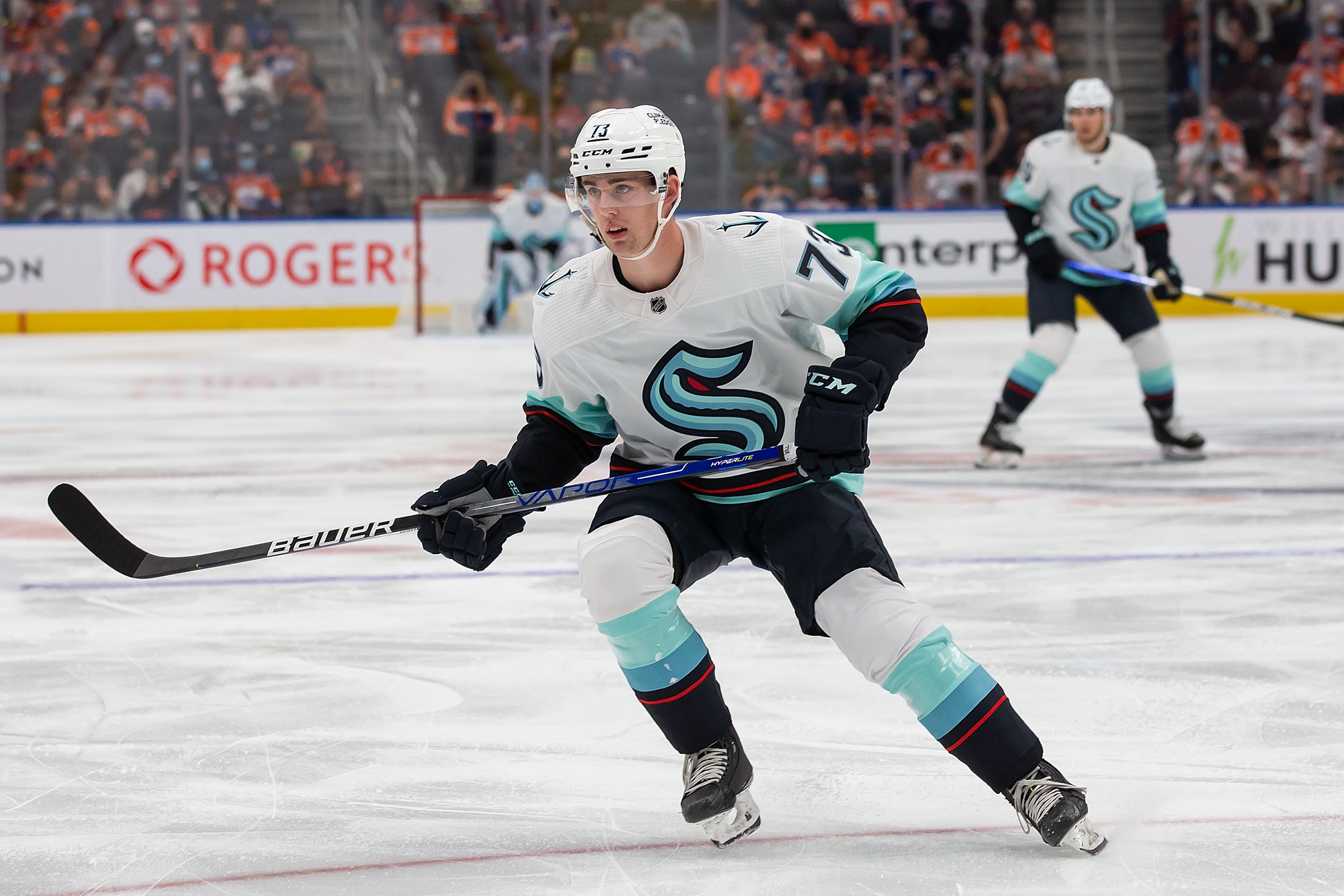 Kole Lind #73 of the Seattle Kraken skates against the Edmonton Oilers at Rogers Place during first period preseason action on September 28, 2021 in Edmonton, Canada.