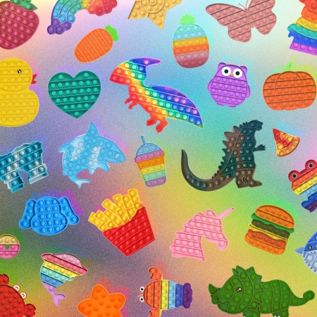 A huge collage of Pop It! fidget toys on a rainbow background.