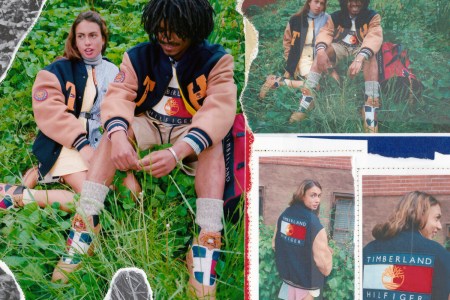 a collage of the new Timberland x Tommy Hilfiger collecition