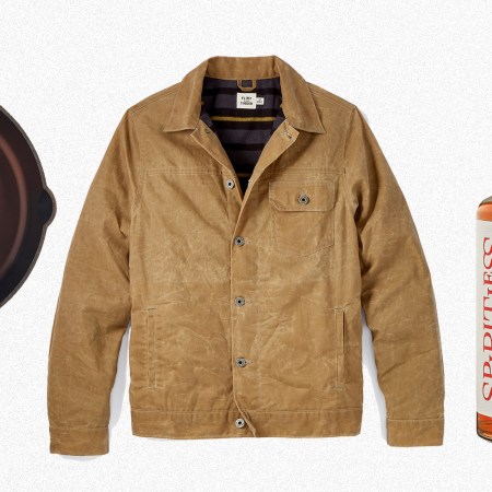 A Smithey cast iron pan, Flint and Tinder's flannel-lined waxed trucker jacket and Kentucky 74 non-alcoholic bourbon from Spiritless